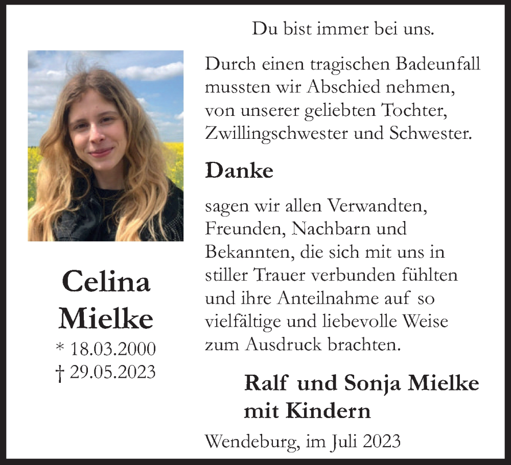  Traueranzeige für Celina Mielke vom 01.07.2023 aus Peiner Nachrichten