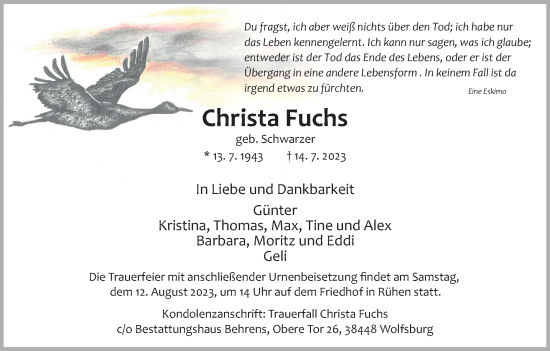 Traueranzeige von Christa Fuchs von Wolfsburger Nachrichten