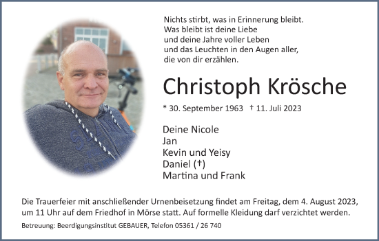 Traueranzeige von Christoph Krösche von Wolfsburger Nachrichten
