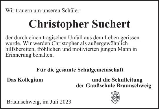 Traueranzeige von Christopher Suchert von Braunschweiger Zeitung