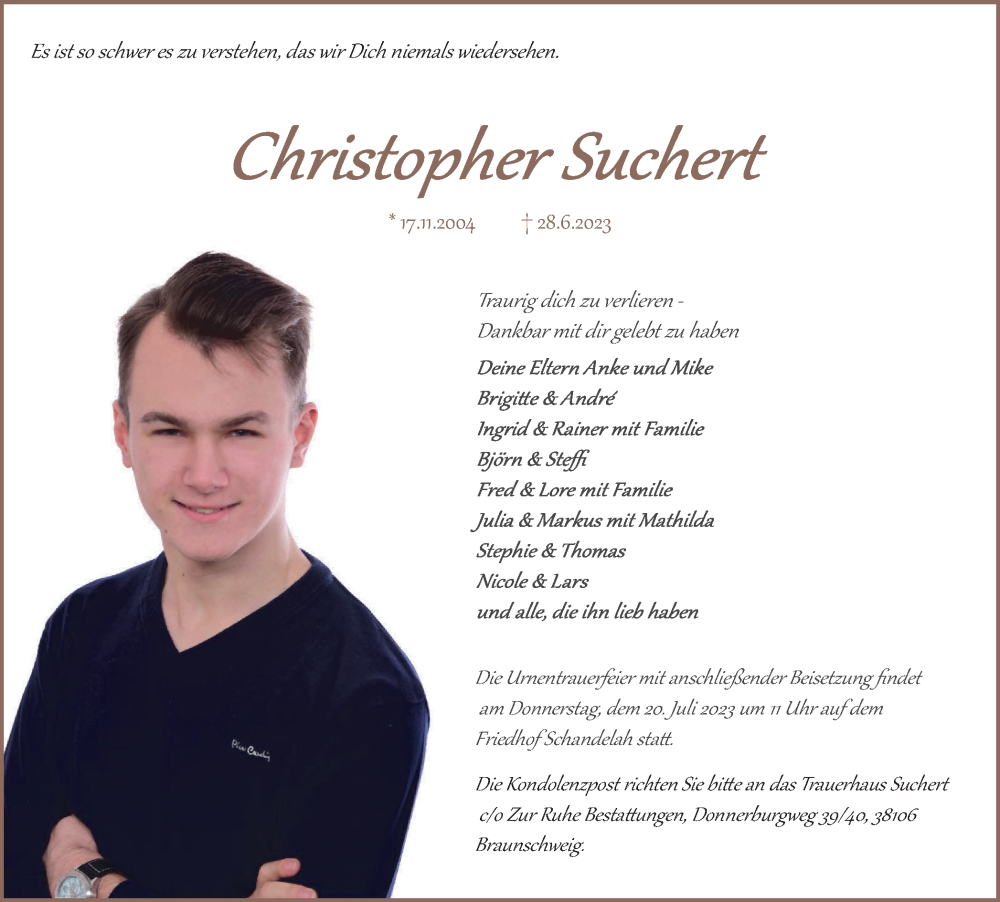  Traueranzeige für Christopher Suchert vom 15.07.2023 aus Braunschweiger Zeitung