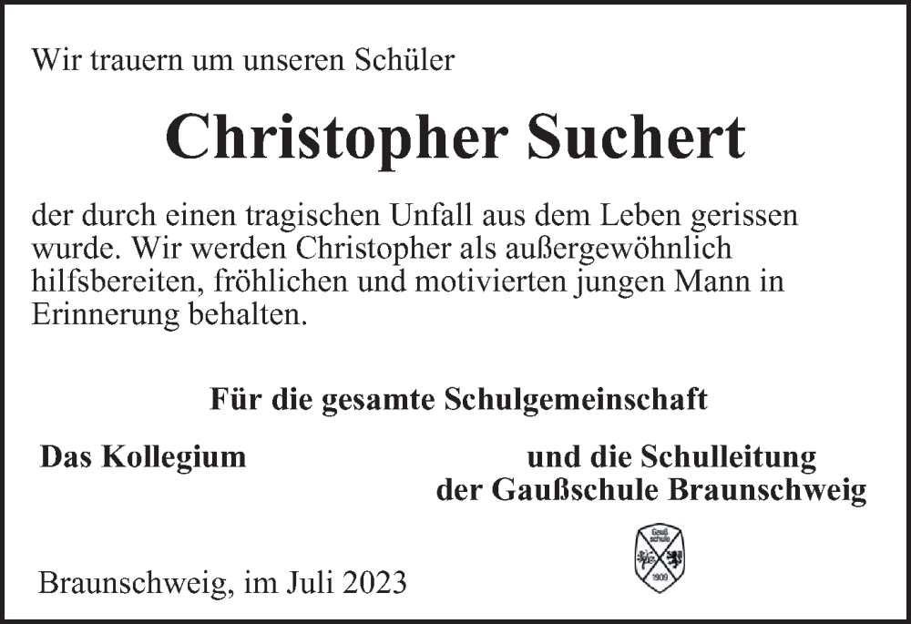  Traueranzeige für Christopher Suchert vom 04.07.2023 aus Braunschweiger Zeitung
