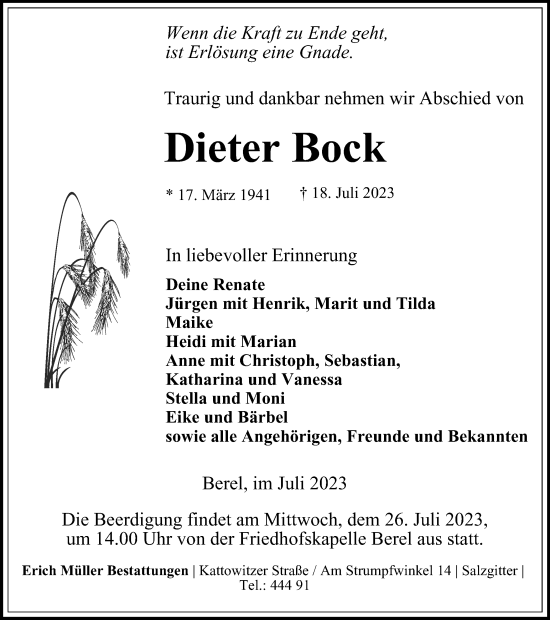Traueranzeige von Dieter Bock von Salzgitter-Zeitung