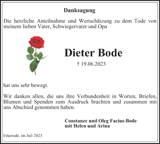 Traueranzeige von Dieter Bode von Wolfenbütteler Zeitung