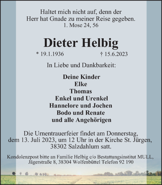 Traueranzeige von Dieter Helbig von Braunschweiger Zeitung