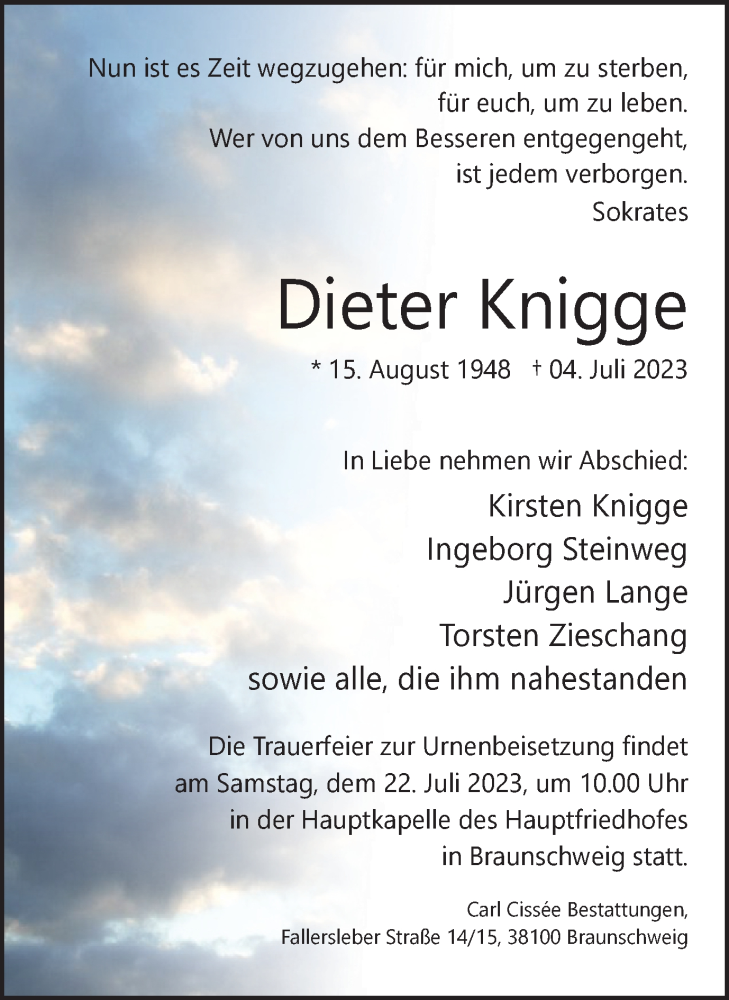  Traueranzeige für Dieter Knigge vom 15.07.2023 aus Braunschweiger Zeitung