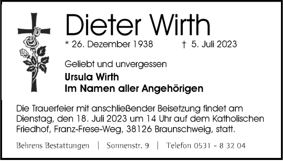 Traueranzeige von Dieter Wirth von Braunschweiger Zeitung