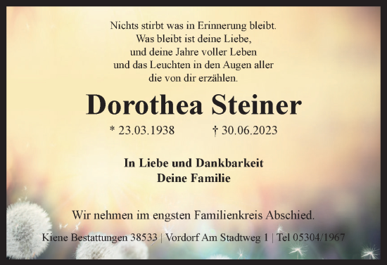 Traueranzeige von Dorothea Steiner von Braunschweiger Zeitung