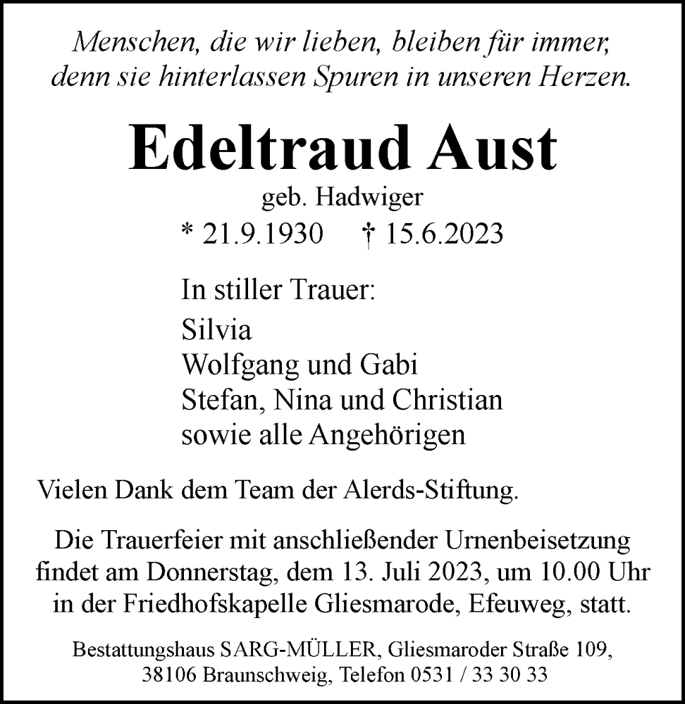  Traueranzeige für Edeltraud Aust vom 01.07.2023 aus Braunschweiger Zeitung