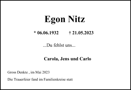 Traueranzeige von Egon Nitz von Wolfenbütteler Zeitung
