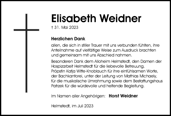 Traueranzeige von Elisabeth Weidner von Helmstedter Nachrichten