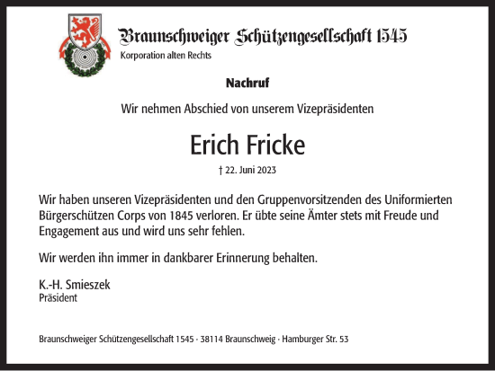 Traueranzeige von Erich Fricke von Braunschweiger Zeitung