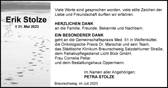 Traueranzeige von Erik Stolze von Braunschweiger Zeitung
