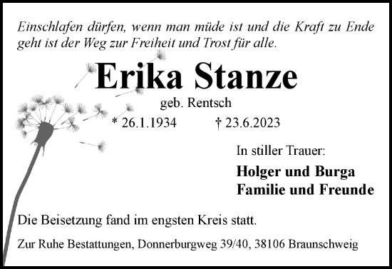 Traueranzeige von Erika Stanze von Braunschweiger Zeitung