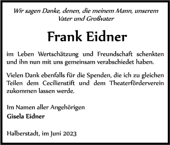 Traueranzeige von Frank Eidner von Wolfenbütteler Zeitung