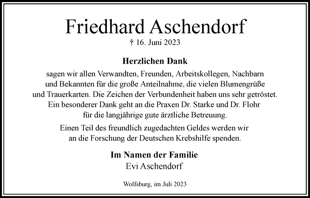  Traueranzeige für Friedhard Aschendorf vom 22.07.2023 aus Wolfsburger Nachrichten