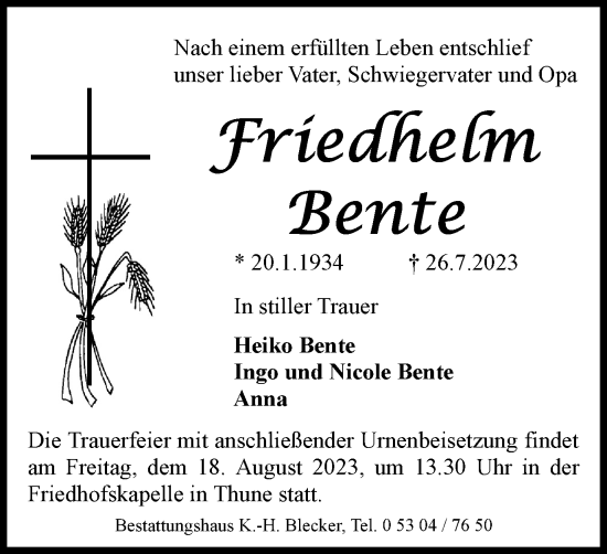 Traueranzeige von Friedhelm Bente von Braunschweiger Zeitung