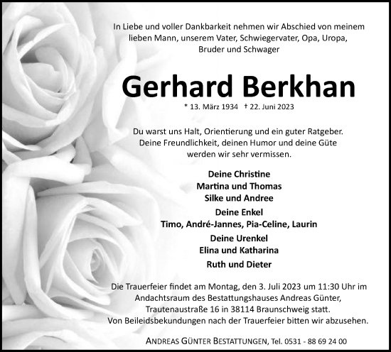 Traueranzeige von Gerhard Berkhan von Braunschweiger Zeitung