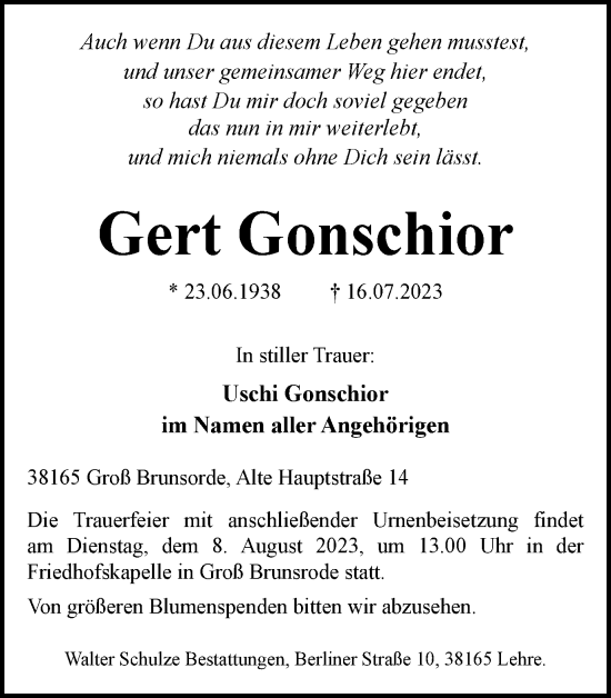 Traueranzeige von Gert Gonschior von Helmstedter Nachrichten