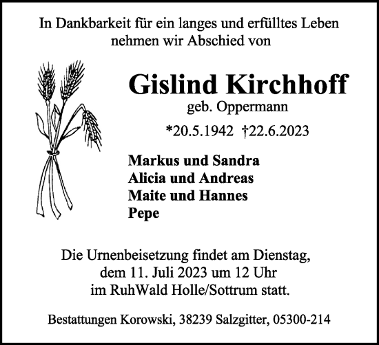 Traueranzeige von Gislind Kirchhoff von Wolfenbütteler Zeitung