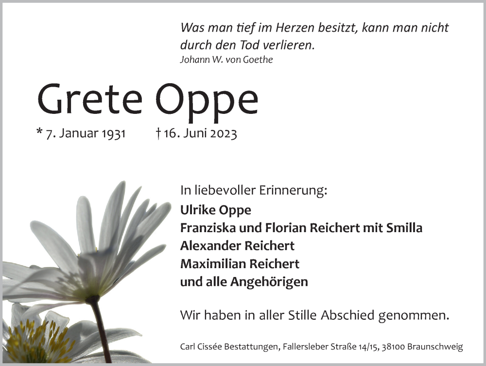  Traueranzeige für Grete Oppe vom 08.07.2023 aus Braunschweiger Zeitung