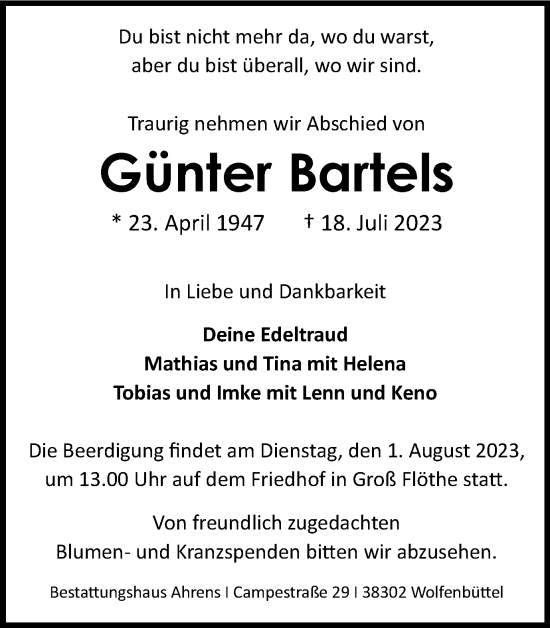 Traueranzeige von Günter Bartels von Salzgitter-Zeitung, Wolfenbütteler Zeitung