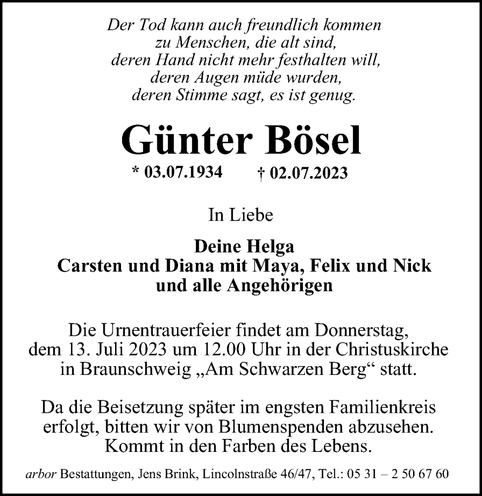  Traueranzeige für Günter Bösel vom 08.07.2023 aus Braunschweiger Zeitung