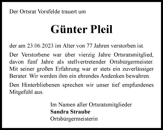 Traueranzeige von Günter Pleil von Wolfsburger Nachrichten