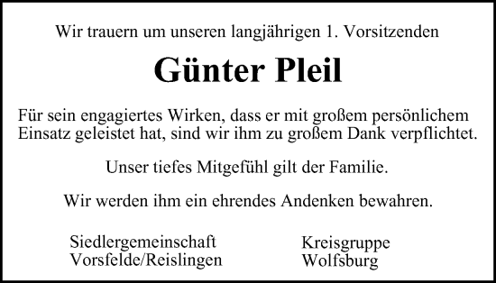 Traueranzeige von Günter Pleil von Wolfsburger Nachrichten