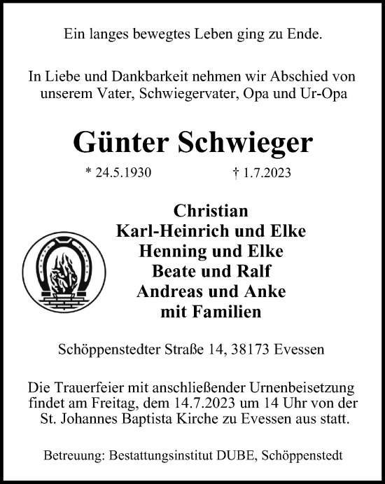 Traueranzeige von Günter Schwieger von Braunschweiger Zeitung