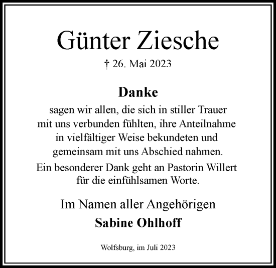 Traueranzeige von Günter Ziesche von Wolfsburger Nachrichten