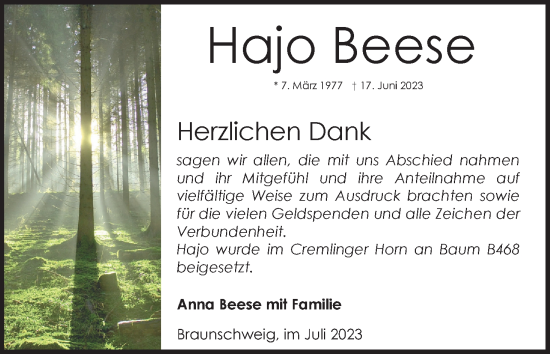 Traueranzeige von Hajo Beese von Neue Braunschweiger am Samstag