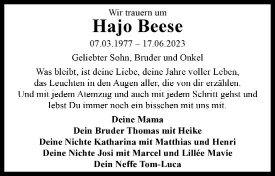 Traueranzeige von Hajo Beese von Neue Braunschweiger am Samstag