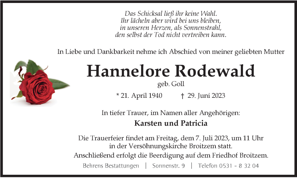  Traueranzeige für Hannelore Rodewald vom 05.07.2023 aus Braunschweiger Zeitung