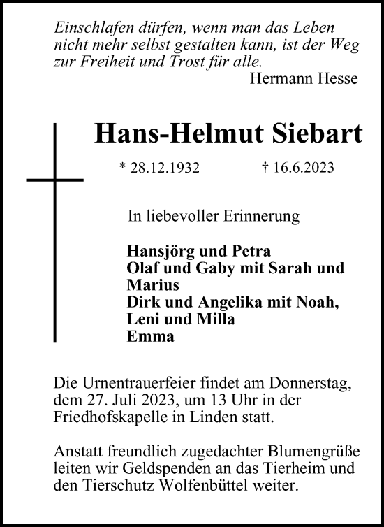 Traueranzeige von Hans-Helmut Siebart von Wolfenbütteler Zeitung