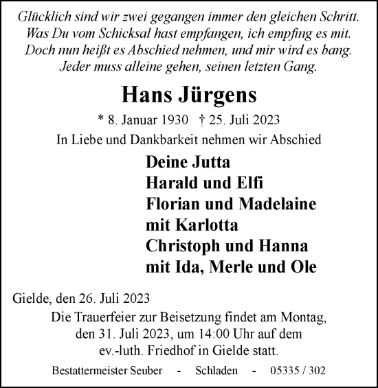 Traueranzeige von Hans Jürgens von Wolfenbütteler Zeitung