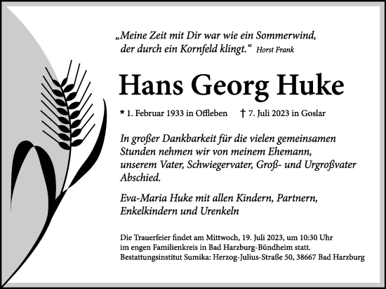 Traueranzeige von Hans Georg Huke von Helmstedter Nachrichten