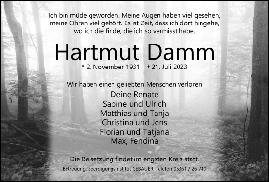 Traueranzeige von Hartmut Damm von Wolfsburger Nachrichten