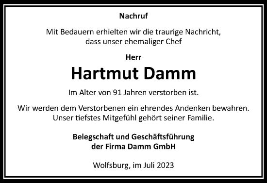 Traueranzeige von Hartmut Damm von Wolfsburger Nachrichten