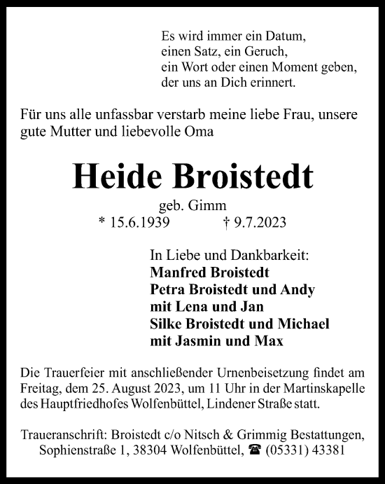 Traueranzeige von Heide Broistedt von Wolfenbütteler Zeitung