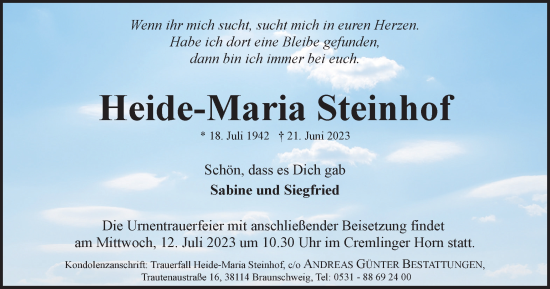 Traueranzeige von Heide-Maria Steinhof von Braunschweiger Zeitung