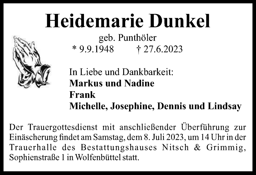  Traueranzeige für Heidemarie Dunkel vom 01.07.2023 aus Wolfenbütteler Zeitung