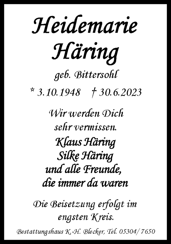 Traueranzeige von Heidemarie Häring von Braunschweiger Zeitung