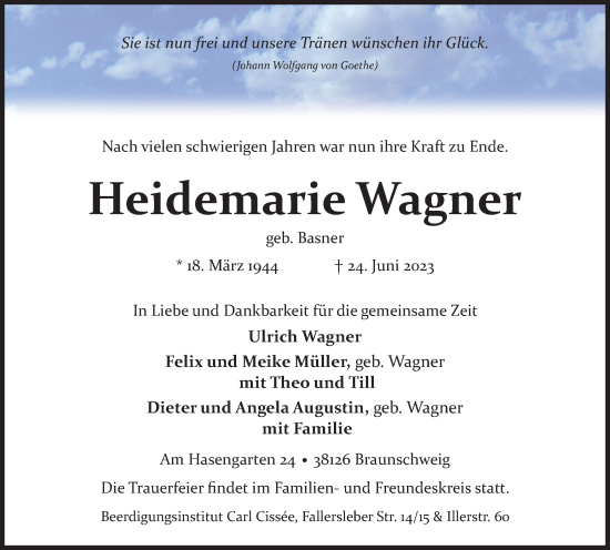 Traueranzeige von Heidemarie Wagner von Braunschweiger Zeitung