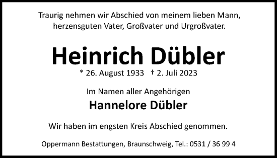 Traueranzeige von Heinrich Dübler von Braunschweiger Zeitung