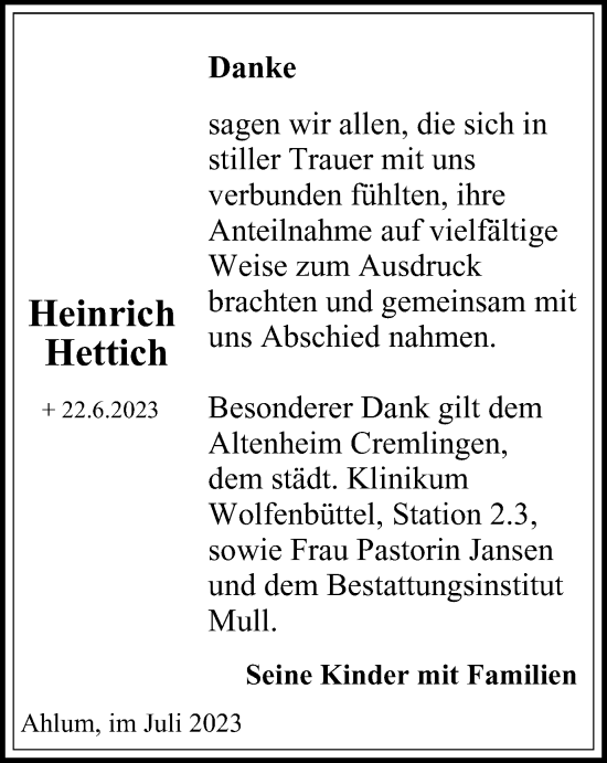 Traueranzeige von Heinrich Hettich von Wolfenbütteler Zeitung