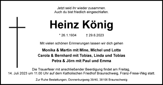 Traueranzeige von Heinz König von Braunschweiger Zeitung