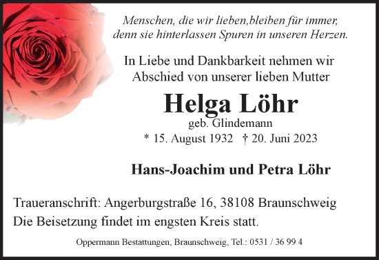 Traueranzeige von Helga Löhr von Braunschweiger Zeitung