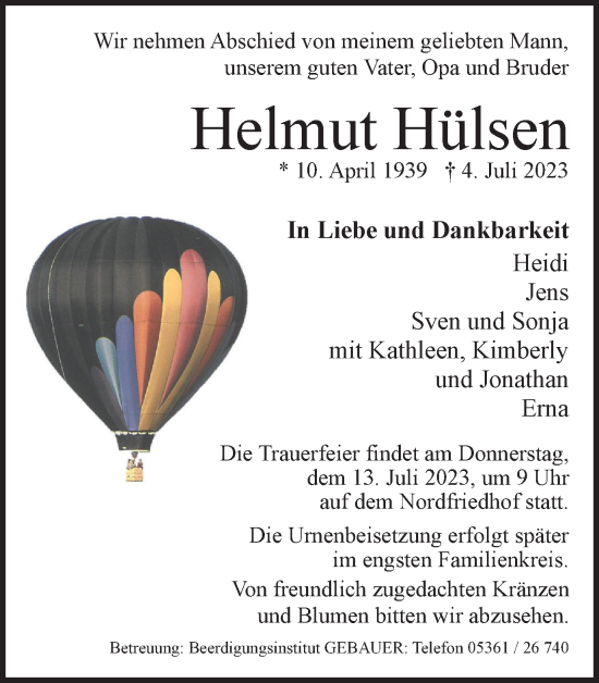Traueranzeige von Helmut Hülsen von Wolfsburger Nachrichten