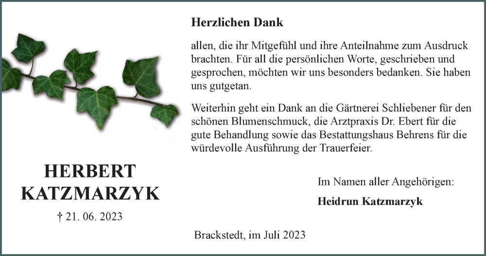 Traueranzeige für Herbert Katzmarzyk vom 15.07.2023 aus Wolfsburger Nachrichten